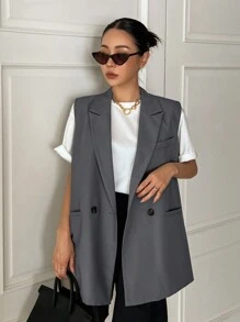 DAZY 女士时尚纯色优雅无袖西装外套商务装 - 深灰色 - 查看 1