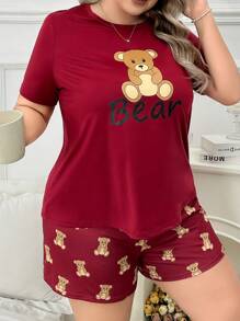 DUSKBASE Bộ đồ ngủ ngắn tay và quần đùi in chữ Plus Size & Gấu hoạt hình cho mùa hè - Màu Đỏ Sâu - Xem 5