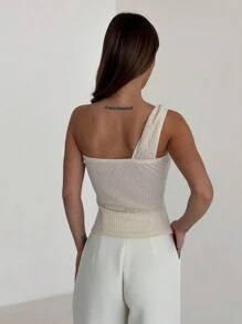 Aloruh 透氣質感紋織布料，金屬鈕釦裝飾，優雅單肩上衣 - 杏色 - 查看 2