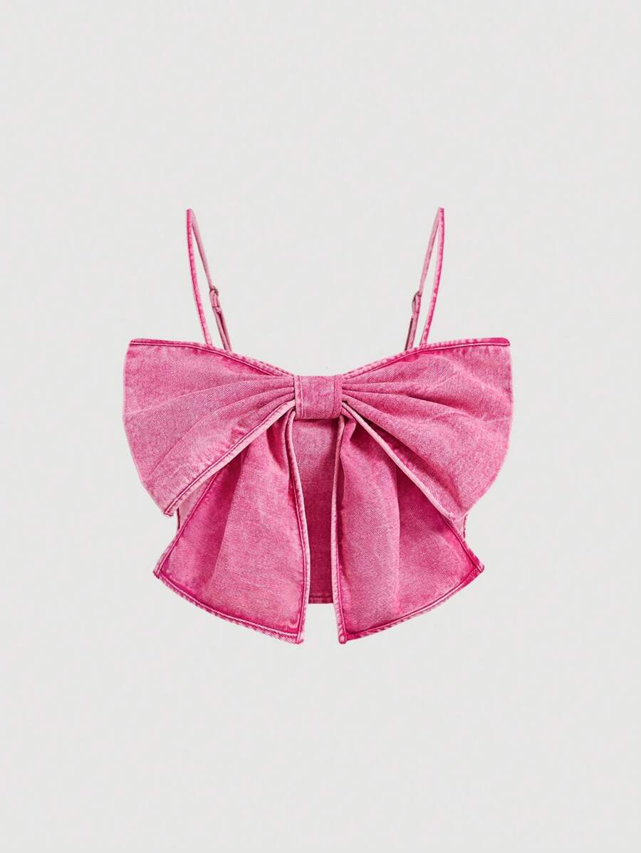 SHEIN MOD 女式復古牛仔上衣，棉質，粉色，甜美蝴蝶結，背心款 - 粉色 - 查看 1