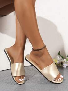 Vintage Gold Flat Women's Sandals, Round Toe Solid Color Leather Slip-Resistant Slippers