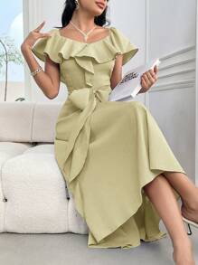 Modelyn Women's Summer Elegant Off Shoulder Knotted Waist Solid Color Splicing Ruffle Hem Dress Long Evening Dresses - Mustard Yellow - View 2