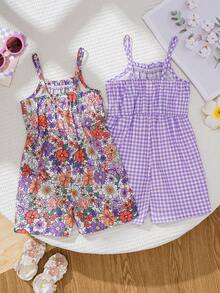 2 pièces ensemble de combishort décontracté pour bébé filles pour le printemps/été, adapté pour la maison et l'extérieur - Multicolore - Voir 2
