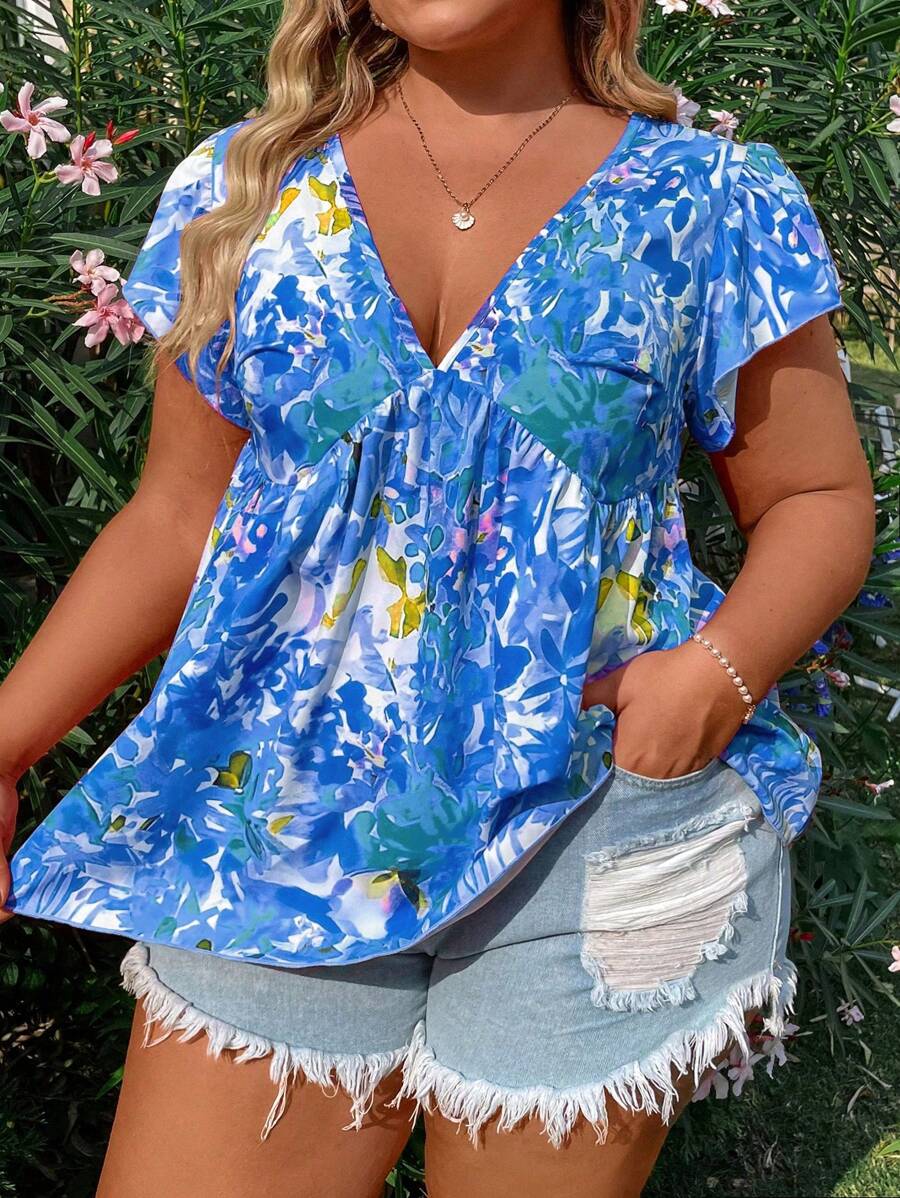 SHEIN SunnyBelle Plus Size V-Neck Floral Printed Shirt With Ruffled Hem For Casual Summer Outfits - Blue - View 1