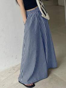 DAZY 女士时尚格子阔腿裤，松紧腰夏季，教师裤