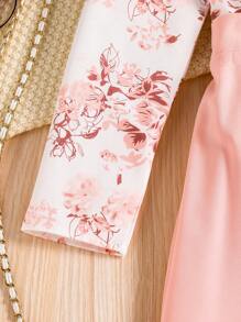 SHEIN Conjunto elegante de camisa y pantalones largos de 2 piezas para niña preadolescente, tejido de tela tejida con estampado digital, otoño - Rosa Pálido - Ver 4