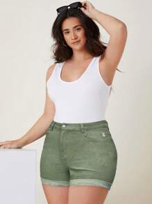 SHEIN Frenchy 加大尺碼時尚磨損牛仔短褲 - 軍綠色 - 查看 6