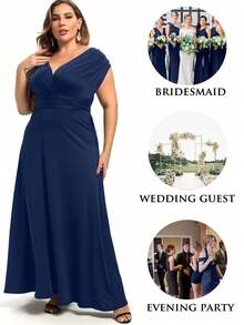 Plus Size Solid Color Off-Shoulder Ruched Criss-Cross Back Dress - Blue - View 7