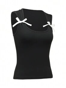 Quare-Neck Bow Accent Slim-Fit Crop Tank Top - Black - View 4