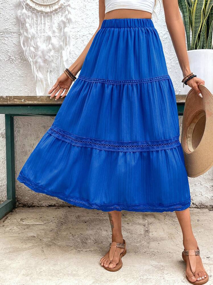 Breezaya Falda larga de línea A de unicolor de moda para mujeres, verano - Azul - Añade 3
