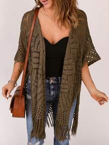 Acelitt Fringe Hem Hollow Out Kimono Summer - Brown - View 5