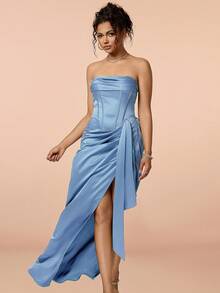 褶裥开衩高腰缎面无肩带正式礼服，优雅半正式婚礼宾客礼服，适合生日、毕业典礼、返校节等场合