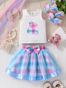 Baby Girl Cute White Top With Bear Embroidery And Colorful Checkered Mesh Fluffy Skirt Set - Multicolor - View 3