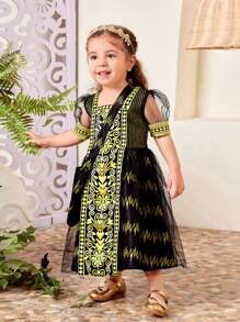 SHEIN Vestido largo de malla cómodo negro con patrón dorado para bebé niña de primavera y verano - Negro - Ver 1