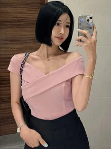 DAZY Ladies' Off Shoulder Slim Fit Top - Pink - View 1