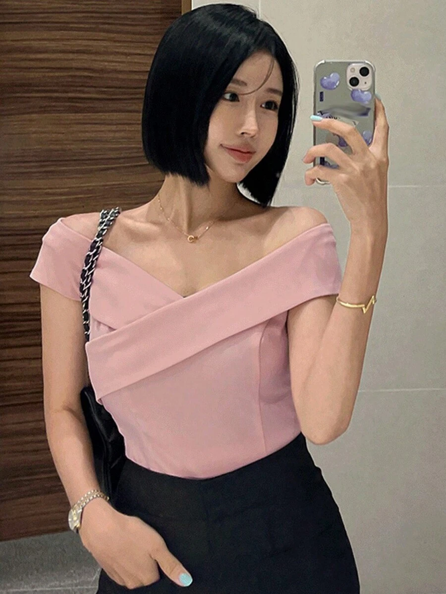 DAZY Ladies' Off Shoulder Slim Fit Top - Pink - View 1