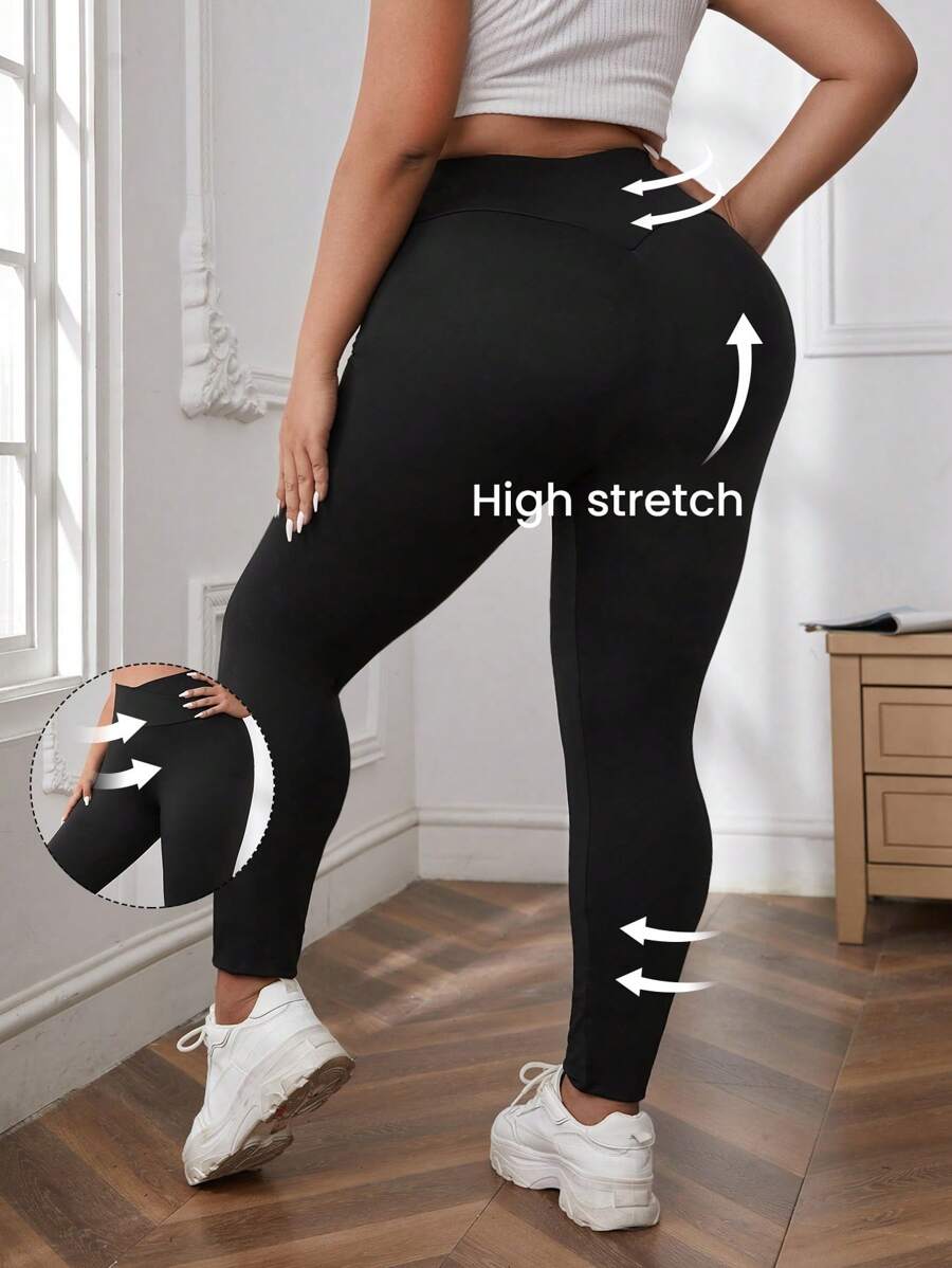 SHEIN Essnce Plus Solid Wideband Waist Leggings - Black - View 1