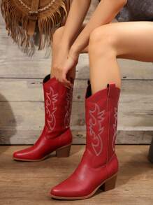 Same Design Embroidered Boots, 2024 New European & American Thick Heel Increased Height Retro Mid-Calf & Over-The-Knee Boots For Women,Western Style,Cowboy Boots - Red - View 4