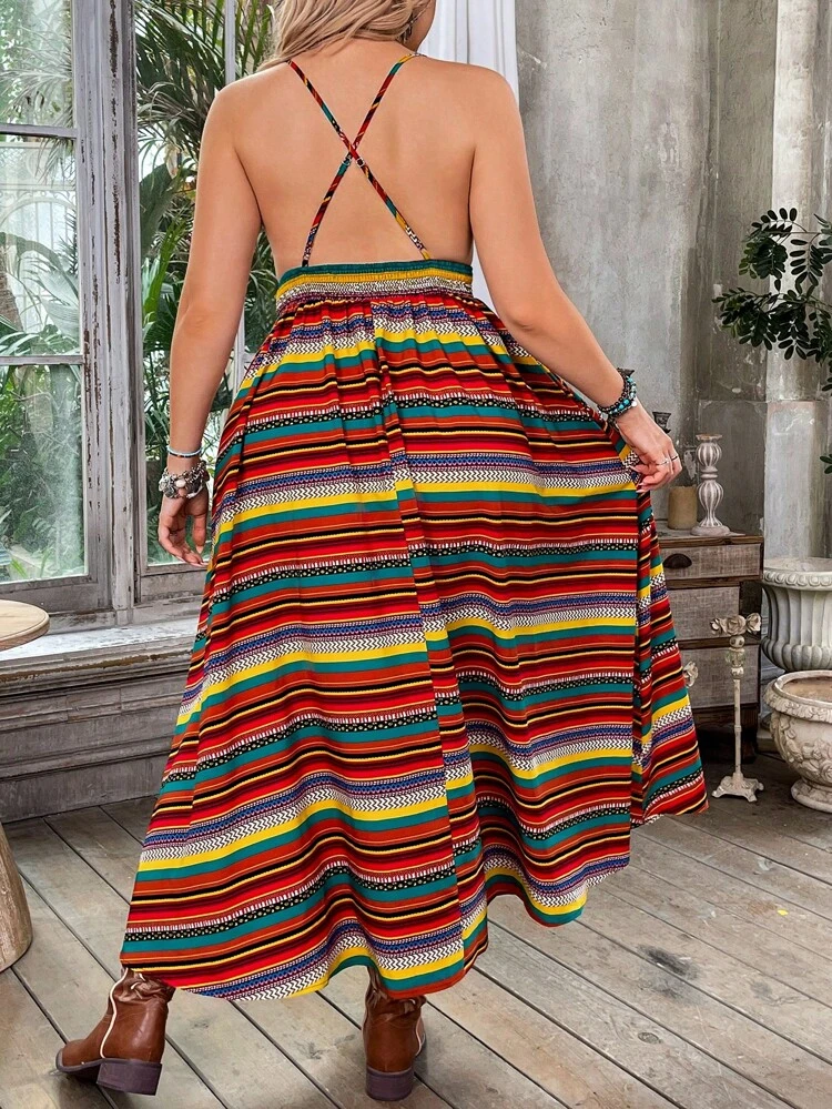 Plus Size Summer Random Floral Print Deep V-Neckline Sleeveless Dress With Cinched Waist