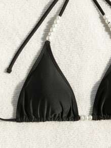 SHEIN Swim Women's Vacation Faux Pearl Decorated Halter Neck Tie Sexy Bikini Set,Summer Beach - Black - View 5