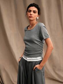 Anewsta U-Neck Pleated Knitted Grey Short Sleeve Casual Crop Top - Grey - View 4