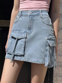 DAZY Women's Casual And Simple Denim Skirt With Pocket Design Jeans Skirt - Blue - View 3