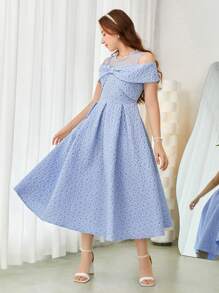 SHEIN Teen Girl Woven Net Dress With Embroidery, Bow And Off-Shoulder Design - Blue - View 4