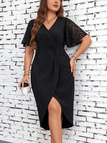 SHEIN Clasi Vestido de mujer con corte cruzado elegante de verano y cuello en V de tallas grandes con dobladillo de volantes - Negro - Ver 8