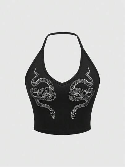 ROMWE Goth Snake Printed Neck Hanging Lady's Bodycon Waist Cinched Camisole