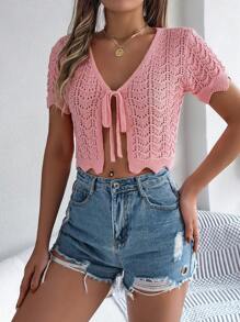 Cárdigan de punto calado de manga corta con lazo en unicolor Primavera/verano, top corto para vacaciones - Rosa - Ver 4