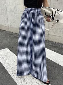 DAZY 女士时尚格子阔腿裤，松紧腰夏季，教师裤