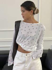 DAZY Damen Top mit dünnen Langärmeln, Blumenmuster, ausgeschnittenem Rücken und rundem Ausschnitt, Neckholder, Rüschen