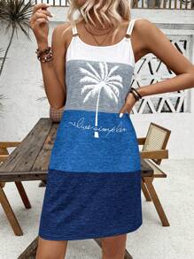 EMERY ROSE Dual Strap Circle Embellished Color Block Print Holiday Dress Vacation Beach Outfits Women
