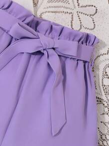 SHEIN Conjunto de 2 piezas para niña preadolescente de verano informal con top de unicolor y pantalones cortos con cintura de bolsa de papel