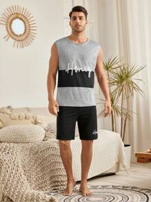 Round Neck Sleeveless Color-Block Letter Printed Top And Shorts Men's Pajama Set - Black - View 5