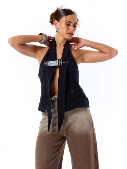 MUSERA Textured Linen Feel Belt Front Top Summer Holiday Ibiza Festival Boho