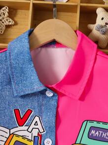 Sparklyn Tween Girl Fashionable Color Block Stationery Pattern Printed Short Sleeve Dress - Multicolor - View 5