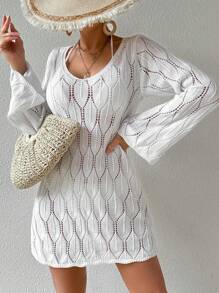 SHEIN Swim Hollow Knitted Beach Cover-Up Dress With Drawstring Back And Flare Sleeves, Solid Color, Vacation Style,Summer Beach