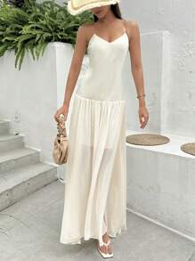 SHEIN Essnce Vestido de gasa plisado con tirantes de espagueti para citas o bodas de primavera/verano