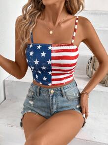 SHEIN Essnce Women's USA Flag Fashionable Independence Day American Flag Printed Tank Top - Multicolor - View 6