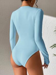 SHEIN PETITE Solid Slim Fit Spring Women Bodysuit - Baby Blue - View 2