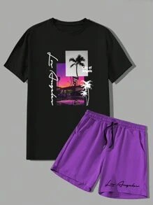 Manfinity RSRT Men's Summer Holiday Letter & Palm Tree Printed Short Sleeve Casual T-Shirt And Drawstring Waist Shorts Set - Multicolor - View 2