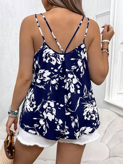 SHEIN VCAY Plus Size Floral Print Double Strap Camisole Top, Summer Boho Vacation Style