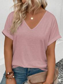INAWLY Plus Size Women Simple Solid Color Short Sleeve T-Shirt - Pink - View 1