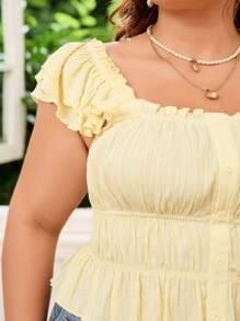 Soleia Women Cut Cap Sleeve Shirt With Shoulder Straps, Ruffled Hemline, Drawstring Waist And Front Buttons, Light Pink, Ideal For Summer Vacation - Apricot - View 4
