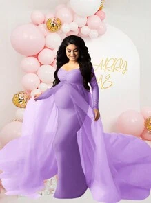 Maternity Long Sleeve Floor-Mounting Mesh Dress For Photoshoot Baby Shower