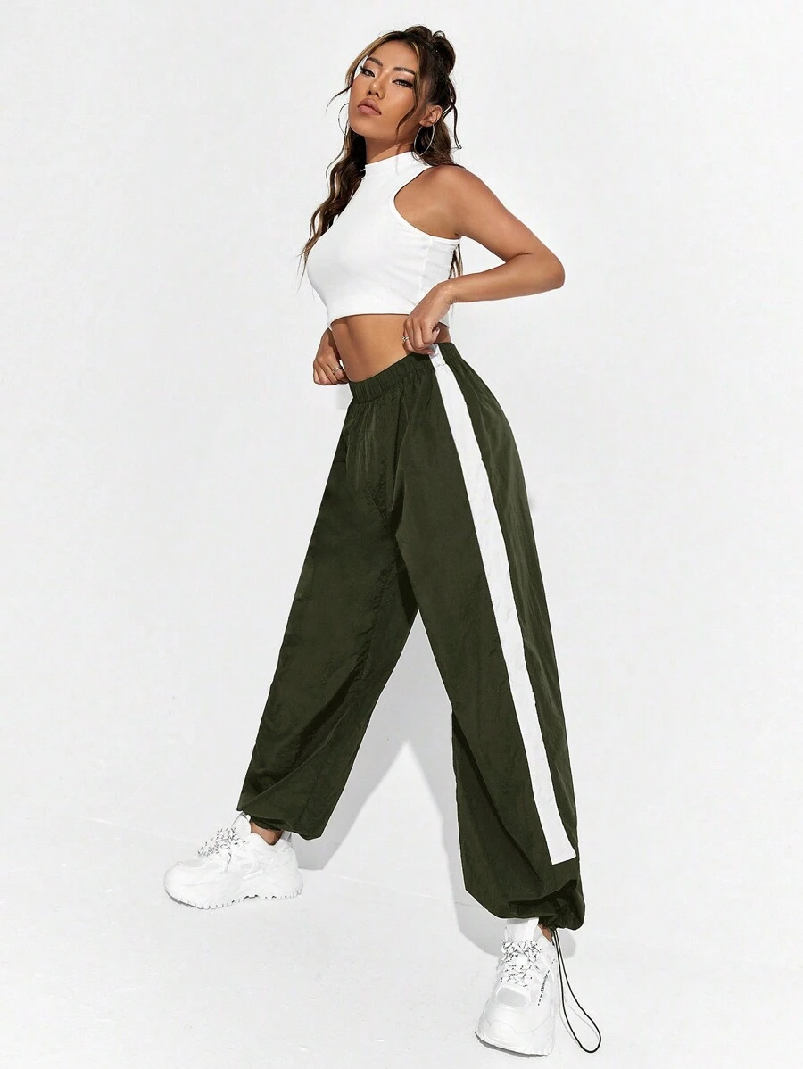 EURMUSE Tương phản Đường may bên Eo đàn hồi Quần - màu xanh lá - Xem 1