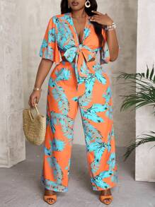 Slaydiva Conjunto de dos piezas para mujer con estampado tropical de plantas y lazo con banda elástica en tamaño grande para vacaciones, con camisa y pantalones - Naranja - Ver 3
