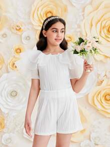SHEIN Tween Girl Ruffle Layered Blouse & Short - White - View 4