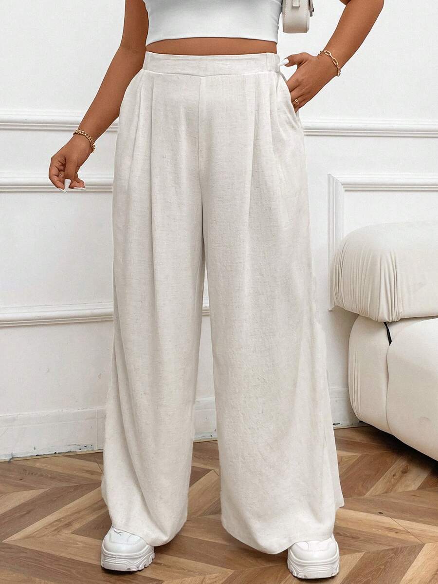 SHEIN Frenchy Plus Size Casual Earthy Clothes Elastic Waist Straight Leg Pants - Apricot - View 1